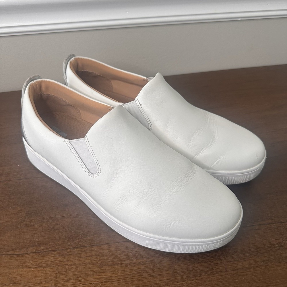 Fitflop Womens Rally Skate White Leather Loafers 9 Comfort Silver Metallic Tab